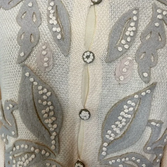 ANTHROPOLOGIE Knitted & Knotted Ivory Cardigan Felt Leaf Cashmere Cotton NWT - Picture 3 of 16